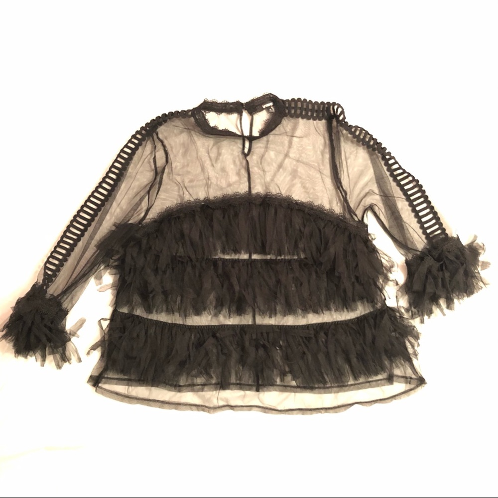 Black tulle ruffled shirt.